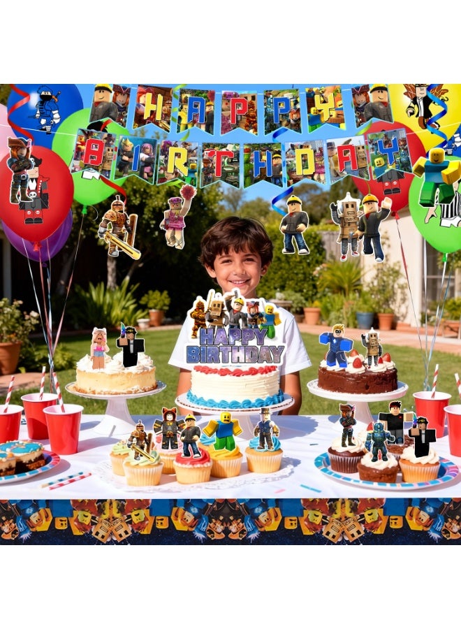 ILovhaprty Roblox Birthday Party Decorations, 35pcs Roblox Decoration Set - Roblox Balloons Banner Tablecloth Cupcake Toppers etc Roblox Birthday Party Decoration Supplies - Image 5